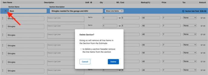 Estimates - How to create Good Better Bestimate - Delete section