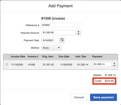 Invoice - Overpayment in add payment window
