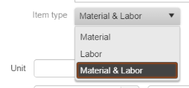 Products & Services Material and Labor Item Type