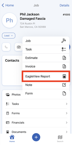 Knowledge Base - EagleView - Select EagleView Report on Mobile Action Menu