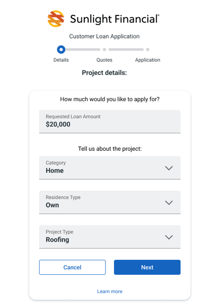 Sunlight Financial - Compare Financing - Fill out Project Details