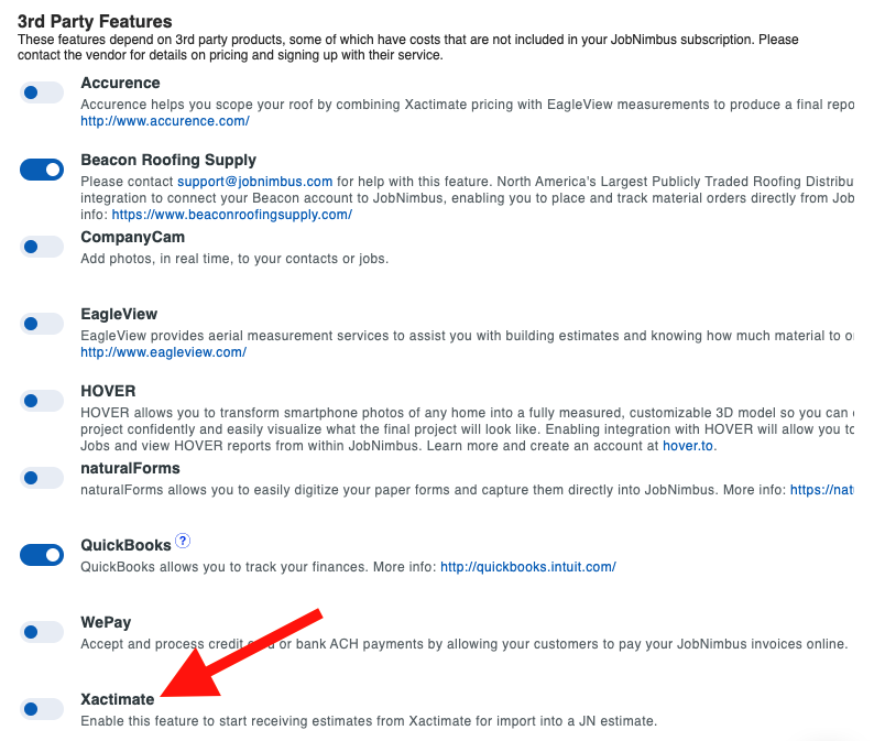 How do I enable the JobNimbus integration with Xactimate / XactAnalysis?