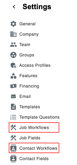 settings menu job v. contact workflow tabs