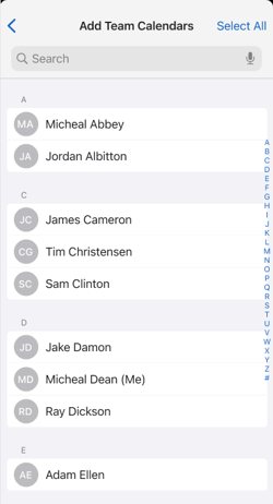 Mobile App - Apple - Calendar Options - Add Team - Choose Calendars