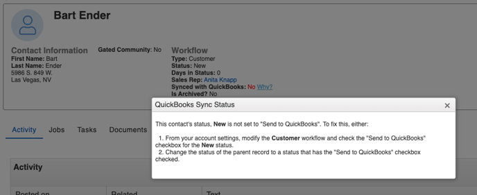 QB - Contact not syncing - Sync status