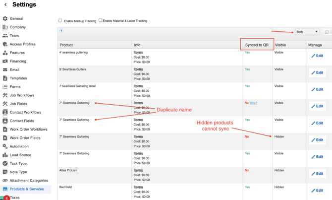QB - Estimate Not Syncing - Products and Services