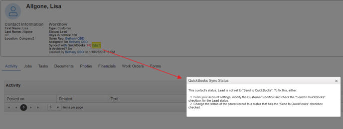 QB Sync - Record Display Why button