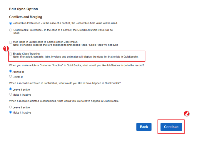 QuickBooks - Class Syncing - Sync Options
