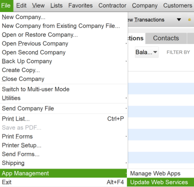 QuickBooks - Update Web Services menu