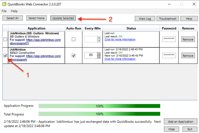 QuickBooks - Update Web Services window