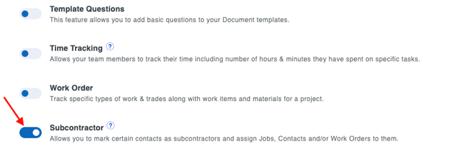enable subcontractor in features tab