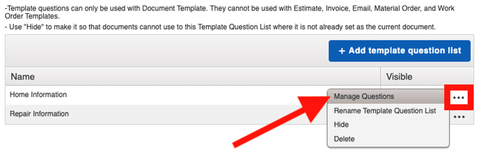 Template Questions - Manage Questions