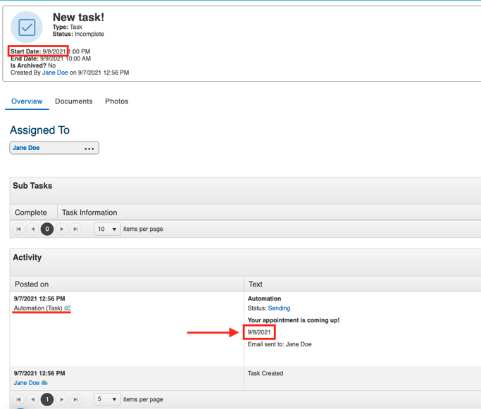 task specific temp field sent email